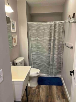 Bathtub, hair dryer, towels, soap