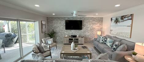 Smart TV, fireplace, books, music library