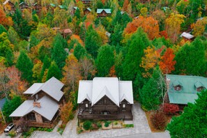 A cluster of cabins surrounded by dense forest with autumn foliage.