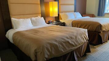 Down comforters, desk, laptop workspace, blackout drapes