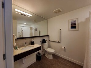A bathroom with a sink, toilet, and handrail. - Quality Inn (Nanaimo)