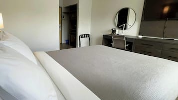 A hotel room with a bed, a desk with a chair, a TV, and a mirror.