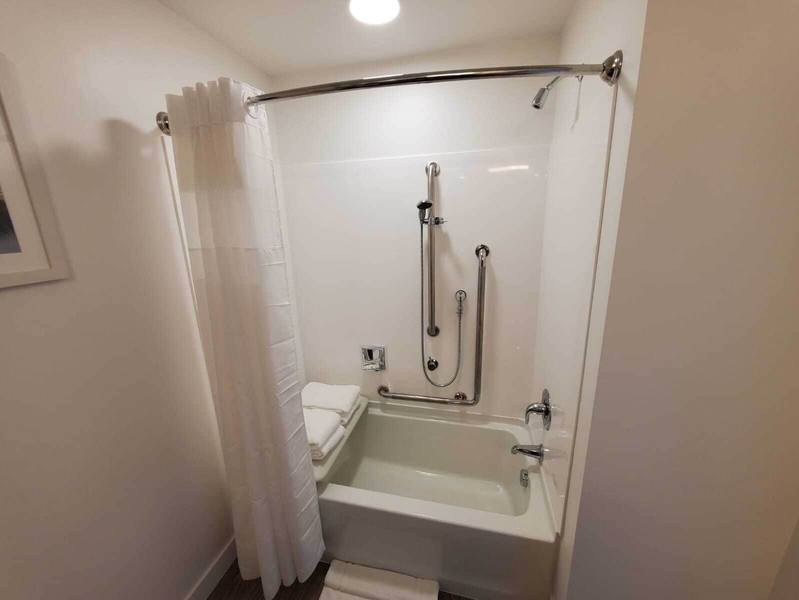A modern bathroom with a walk-in shower, a bathtub, and a toilet.