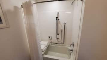A modern bathroom with a walk-in shower, a bathtub, and a toilet.