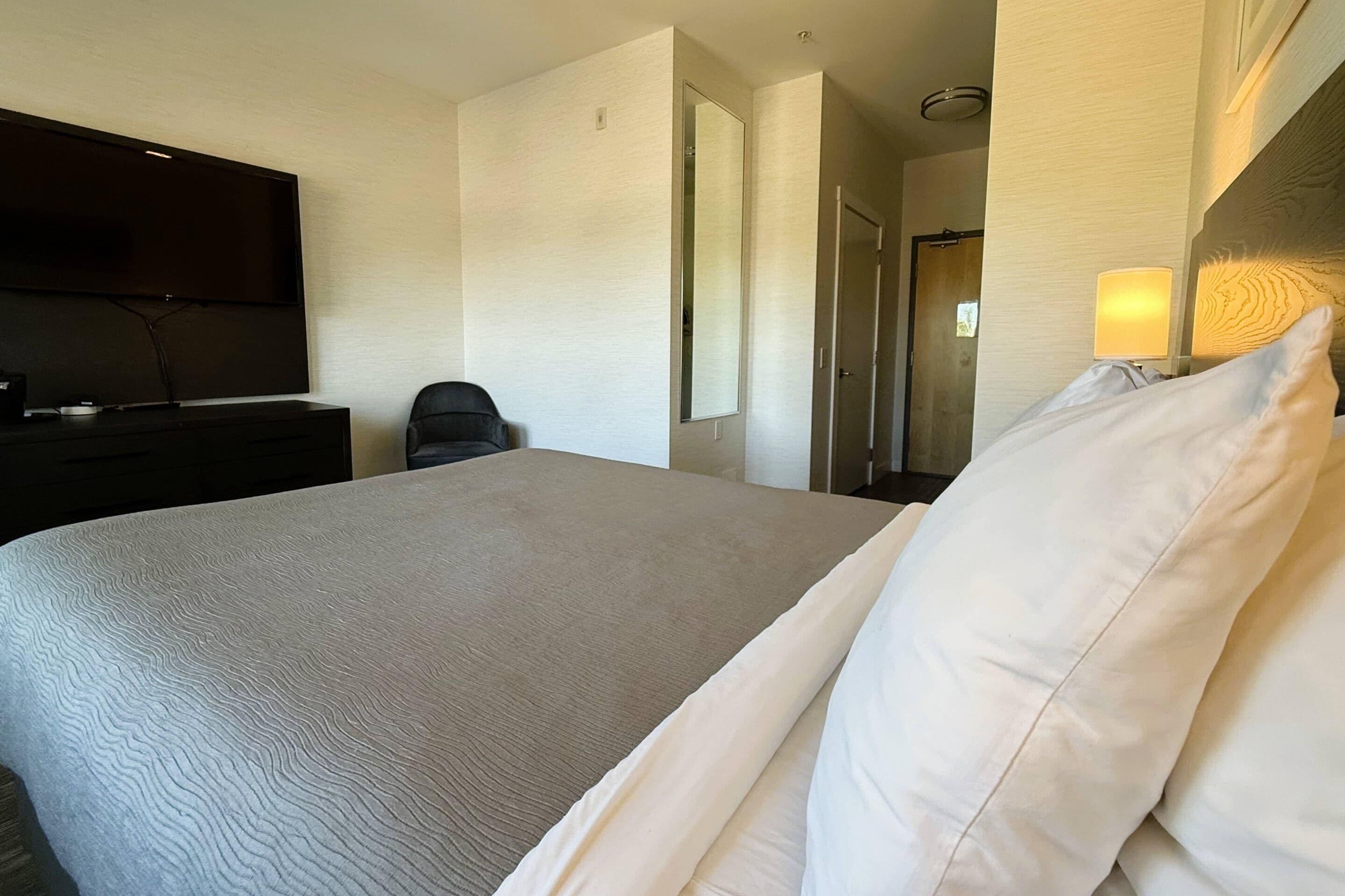 Una habitación de hotel con una cama grande, un televisor de pantalla plana, un escritorio y un espejo.