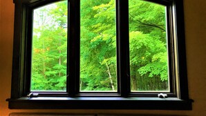 A bay window with a view of a dense forest. - 'The Castle Gatehouse' of Highlands Castle (Bolton)
