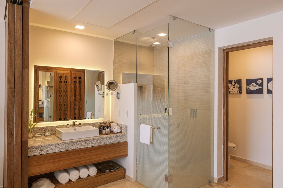 shower, rainfall showerhead, designer toiletries, hair dryer