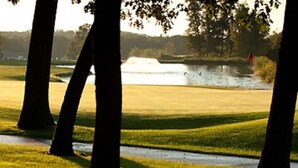 A golf course with trees, a pond, and a flag. - Dells Resort - Free Mini Golf + Kayaks + NO daily fee D (Dellona)