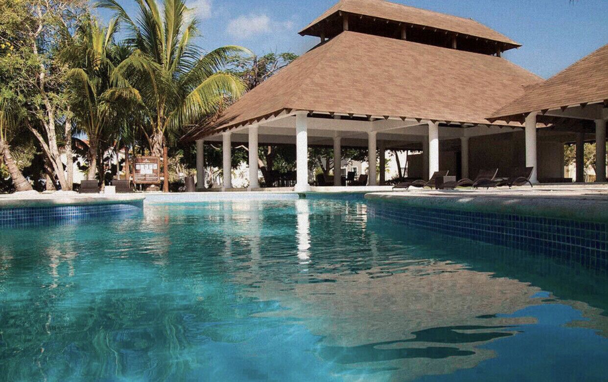 A clear blue pool with a tiled edge, surrounded by palm trees and covered structures with a thatched roof.