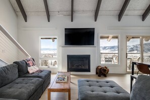 Smart TV, fireplace, books, stereo