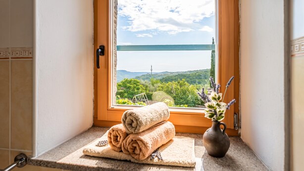 A bathroom with a window view of a landscape, a towel rack, and a vase with flowers. - Rustic Villa Lavanda - Pool & Garden (Koper)
