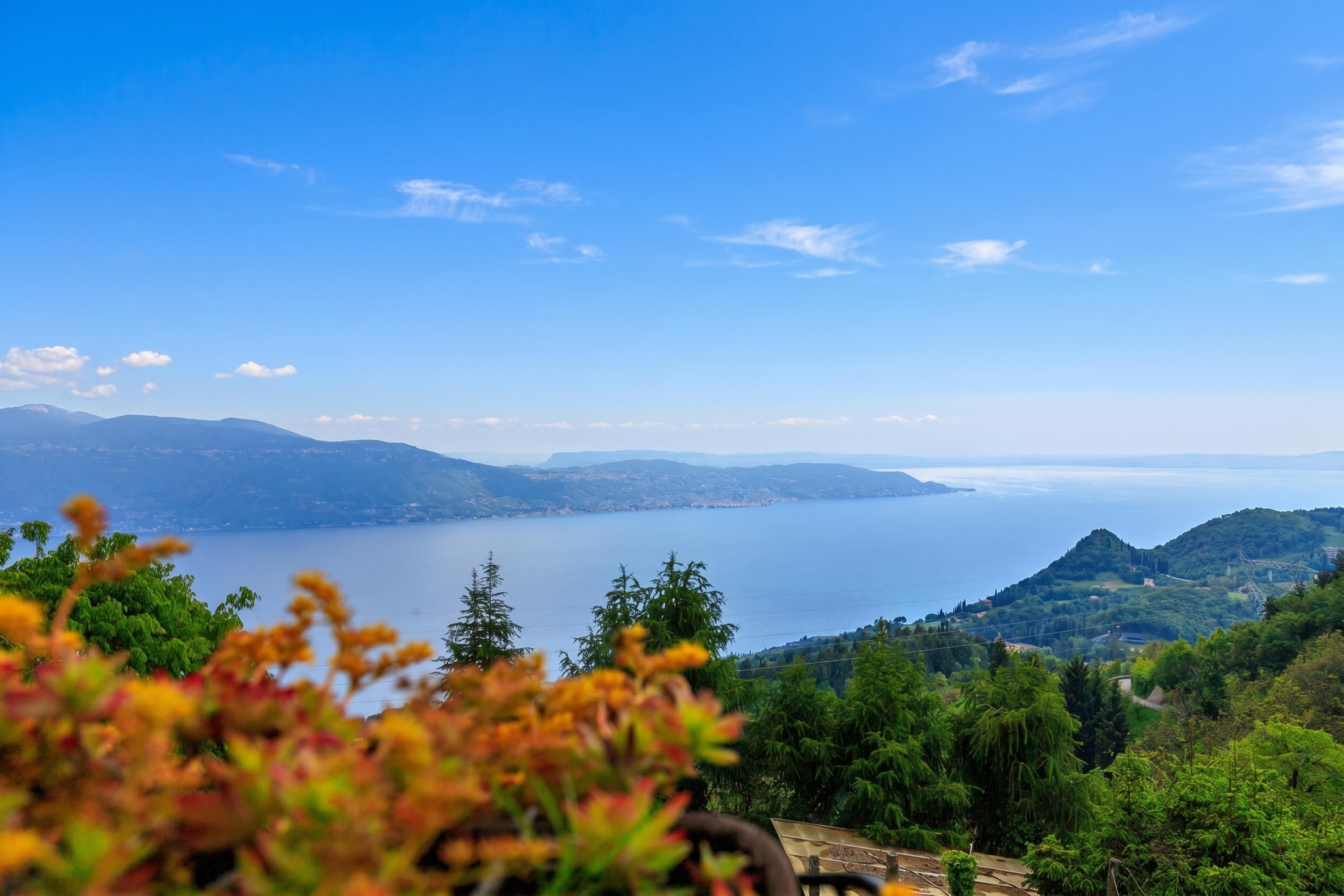 Weitläufige Küstenlandschaft mit Bergen, Wasserflächen und üppigem Grün.