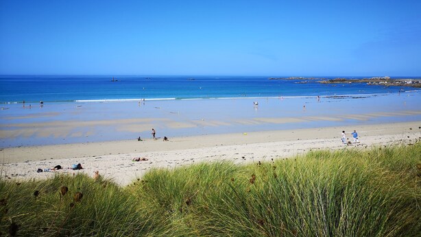 Ein Strand mit Menschen, die sonnenbaden und schwimmen, ein klarer, blauer Himmel und Gebäude in der Ferne.