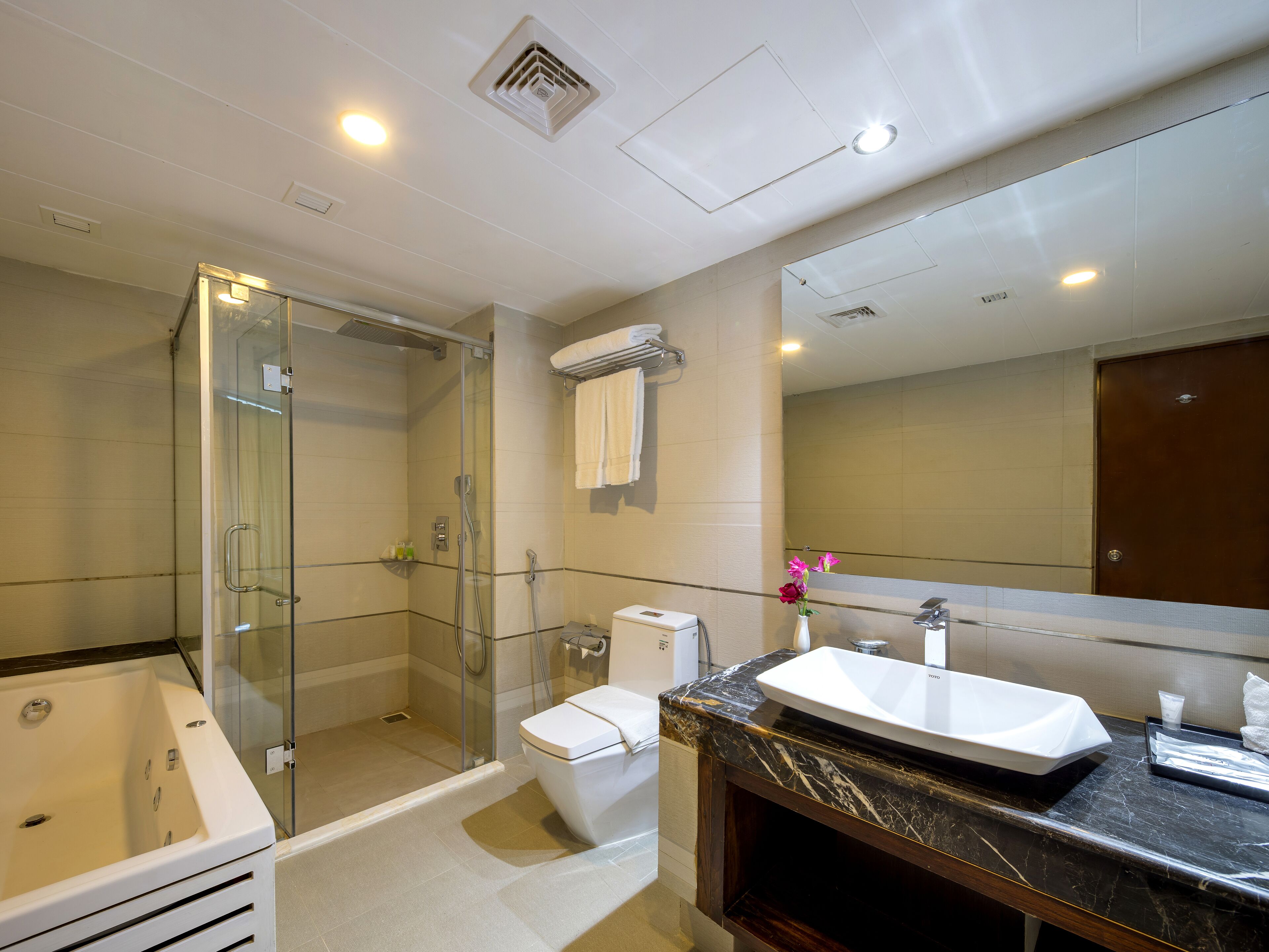 A modern bathroom with a glass-enclosed shower, a white toilet, a marble sink, and a large mirror.