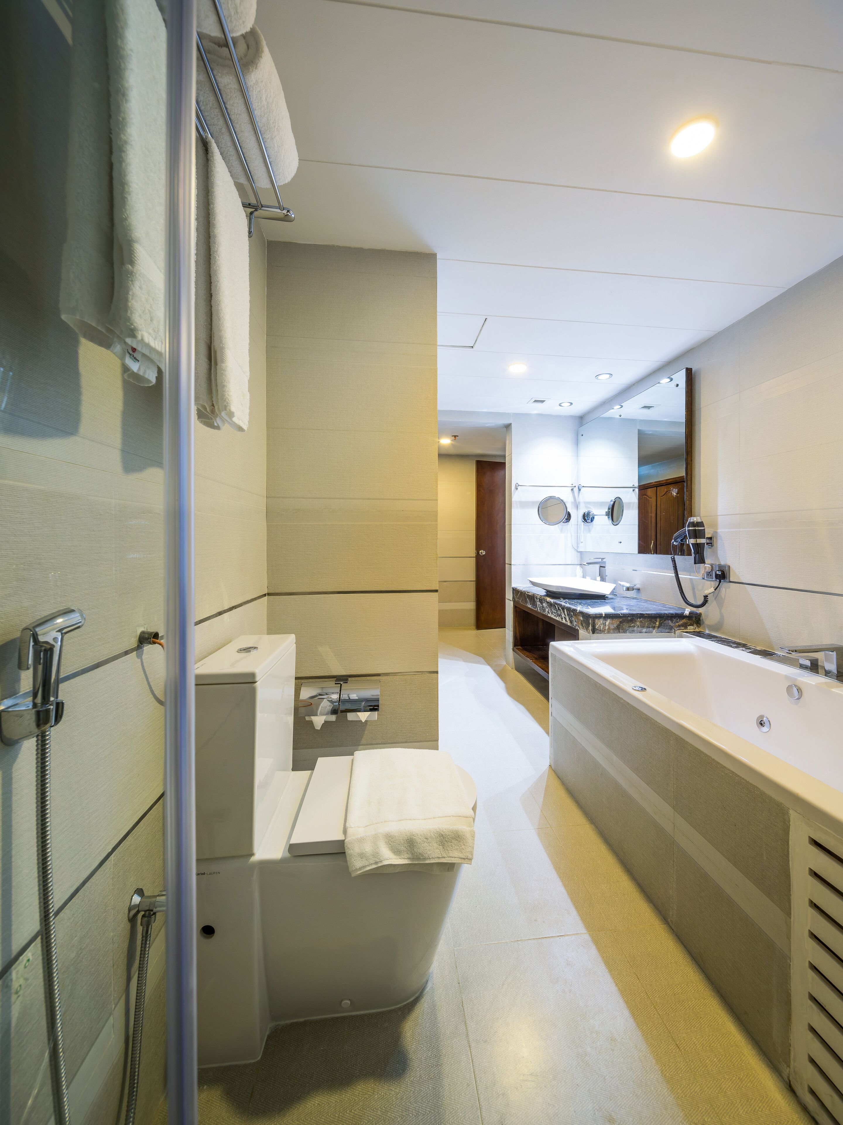 A modern bathroom with a bathtub, shower, and toilet.