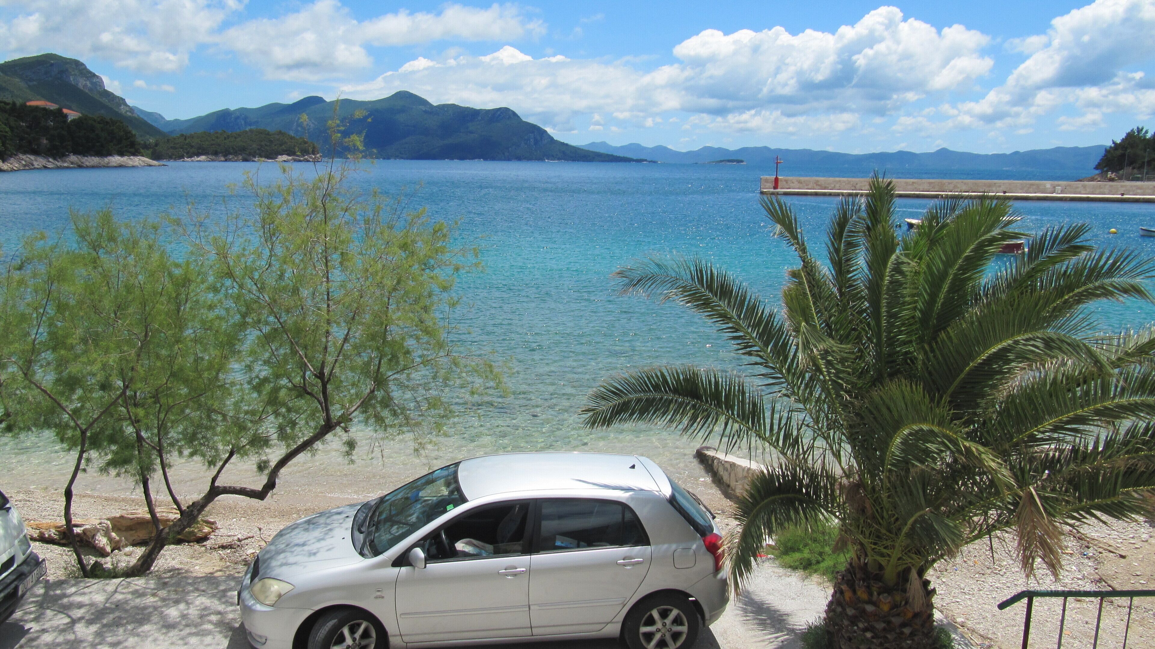 A coastal area with a parked car, a palm tree, and a clear view of the sea and distant mountains.
