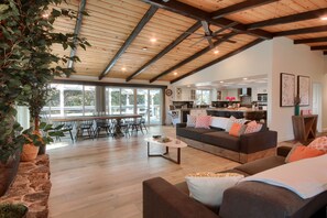 TV, fireplace, video game console, table football