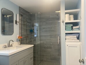 Shower, hair dryer, towels, soap