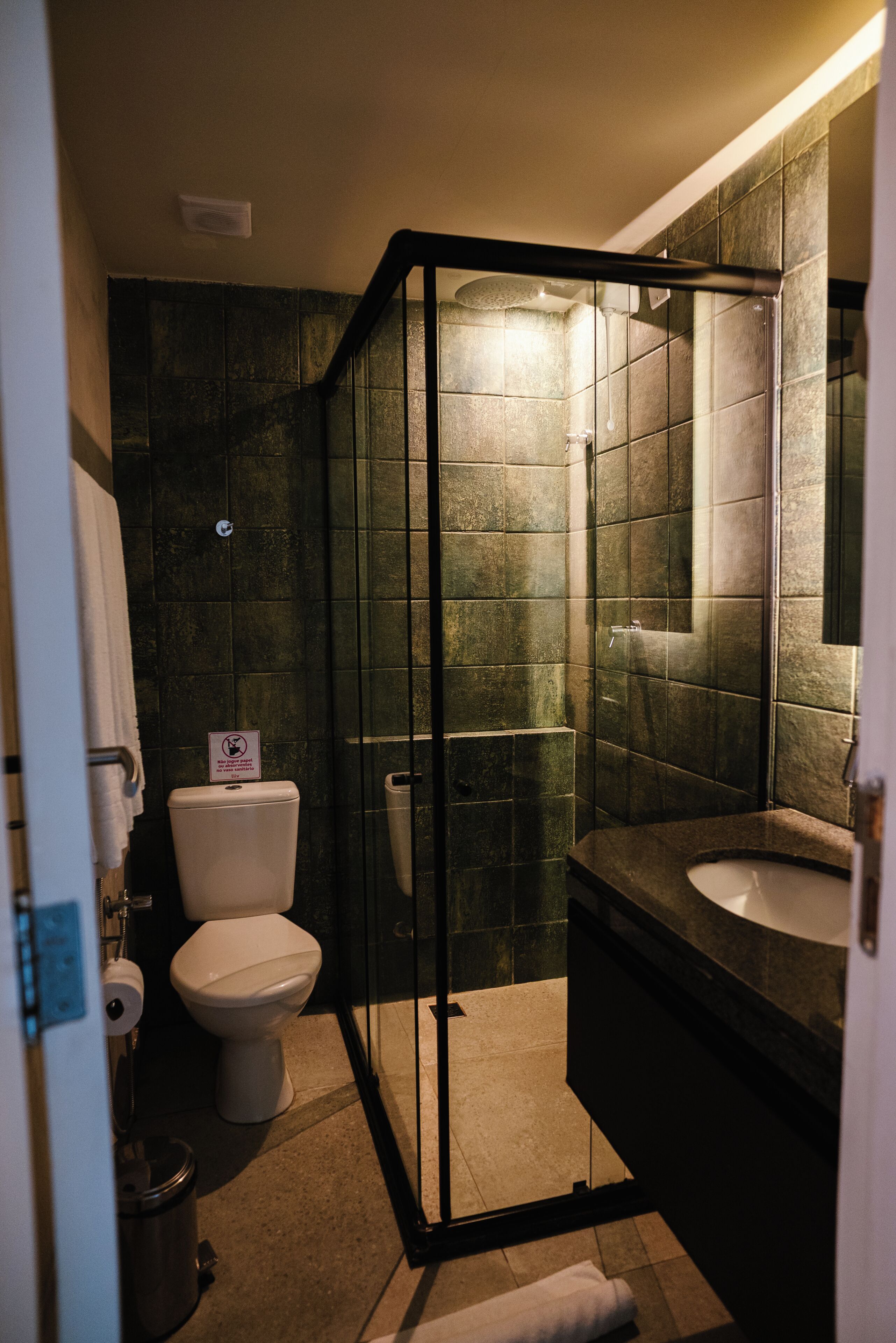 A bathroom with a shower enclosure, a toilet, and a sink.