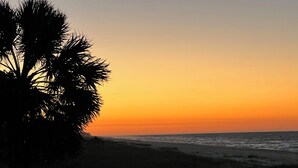 Een strandbeeld met de silhouet van een palmpijlstaart voor een zonsondergang.