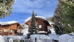 A wooden lodge with a stone entrance, surrounded by snow-covered trees and a clear sky. - Chalet Cirmolo (Livigno)