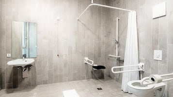 Shower, hair dryer, soap, shampoo