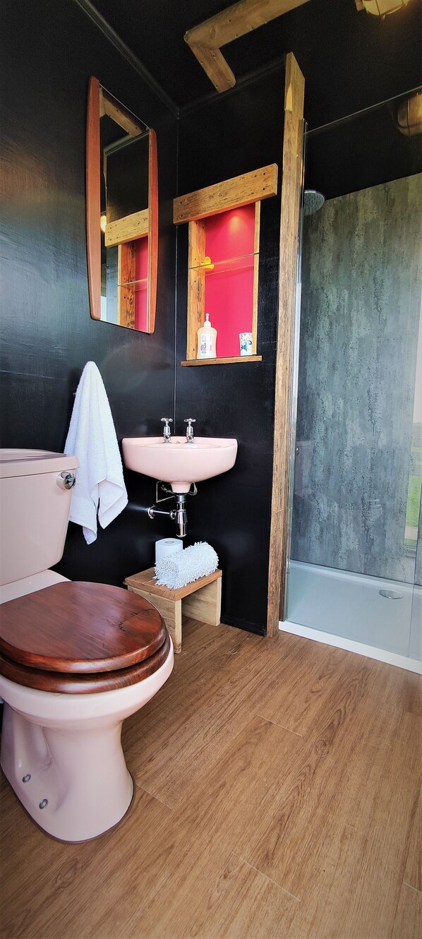 A bathroom with a wooden floor, a pink toilet, a wooden vanity, a pink sink, and a mirror.