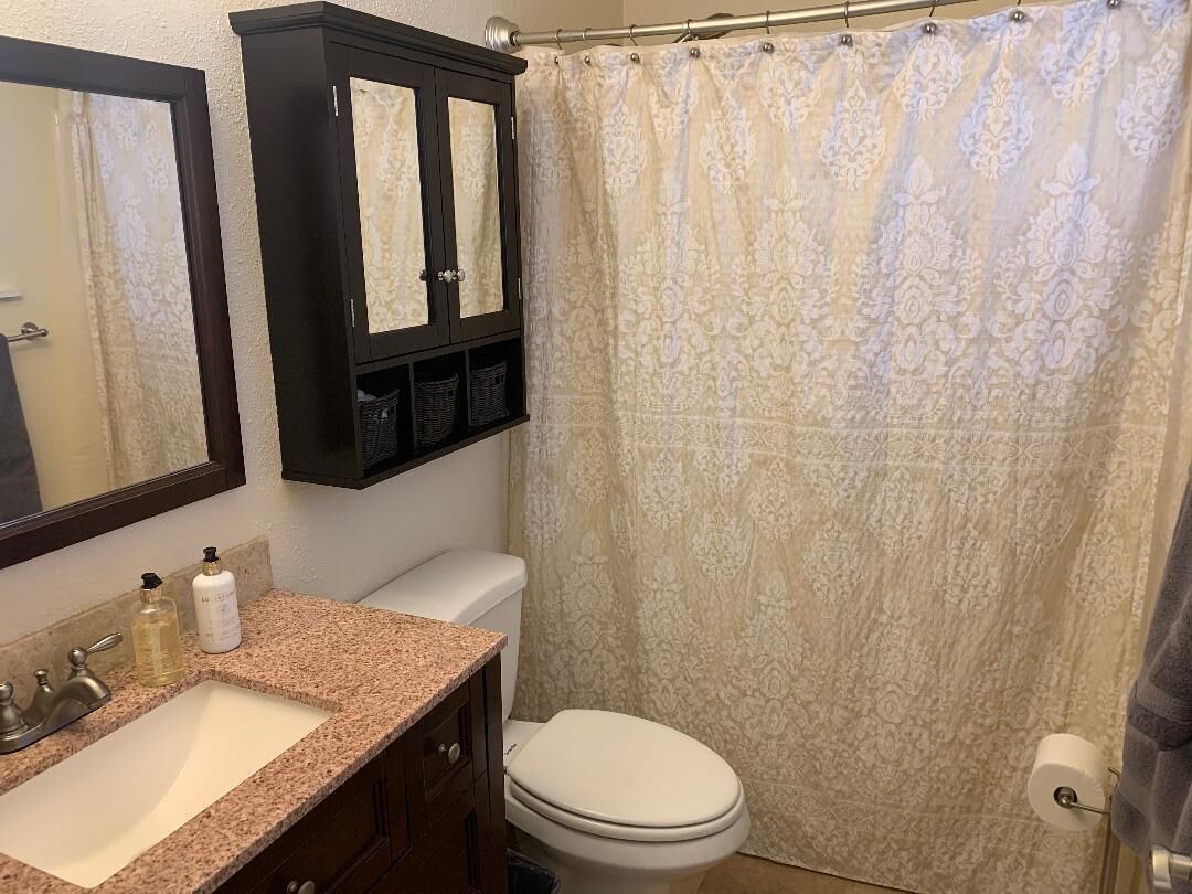 A bathroom with a sink, mirror, cabinet, toilet, and shower curtain.