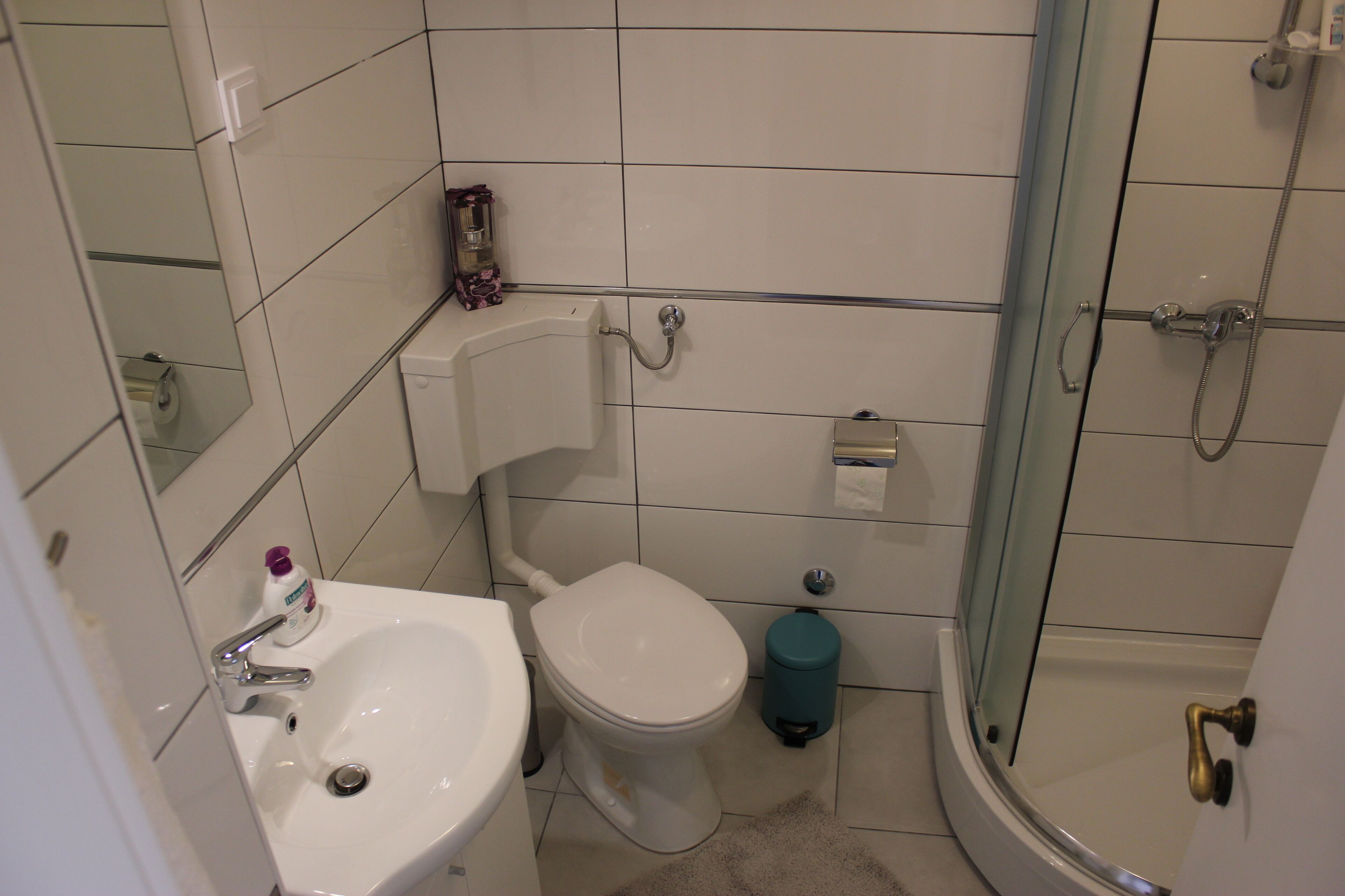 A bathroom with a white sink, toilet, and shower.