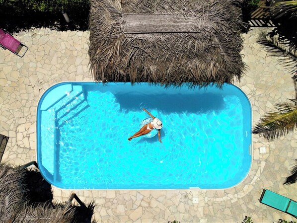 An aerial view of a rectangular swimming pool with a person swimming, surrounded by stone tiles and tropical plants.