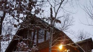 Une cabane en bois dotée d’un balcon, entourée d’arbres et d’arbustes couverts de neige.