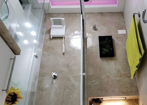 Chuveiro, secador de cabelo, toalhas de banho, sabonete