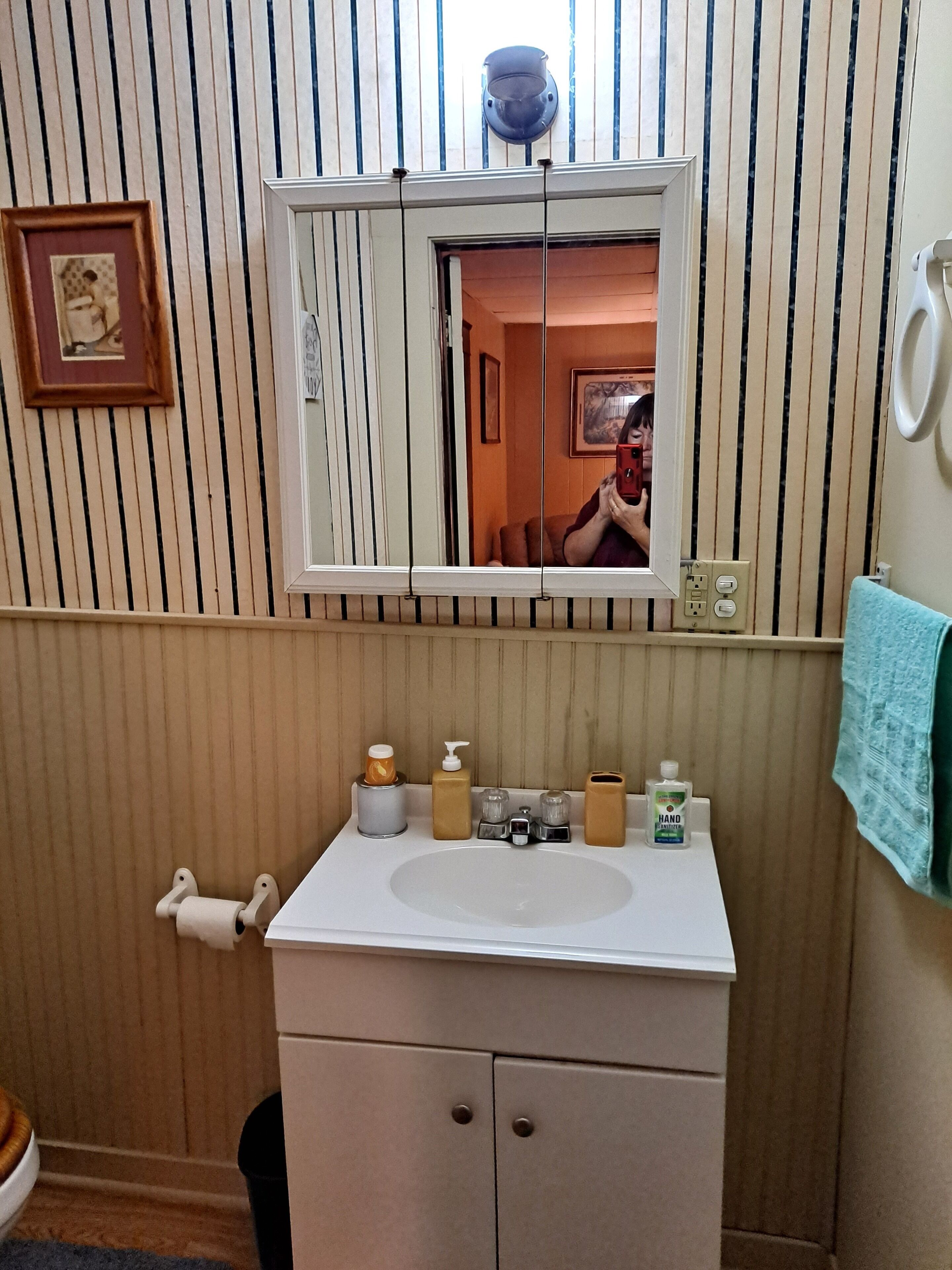 Combined shower/tub, hair dryer, towels, soap