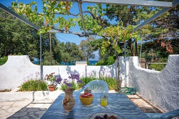 An outdoor dining area with a table, chairs, a vase with flowers, a bowl of fruit, and a glass of juice.