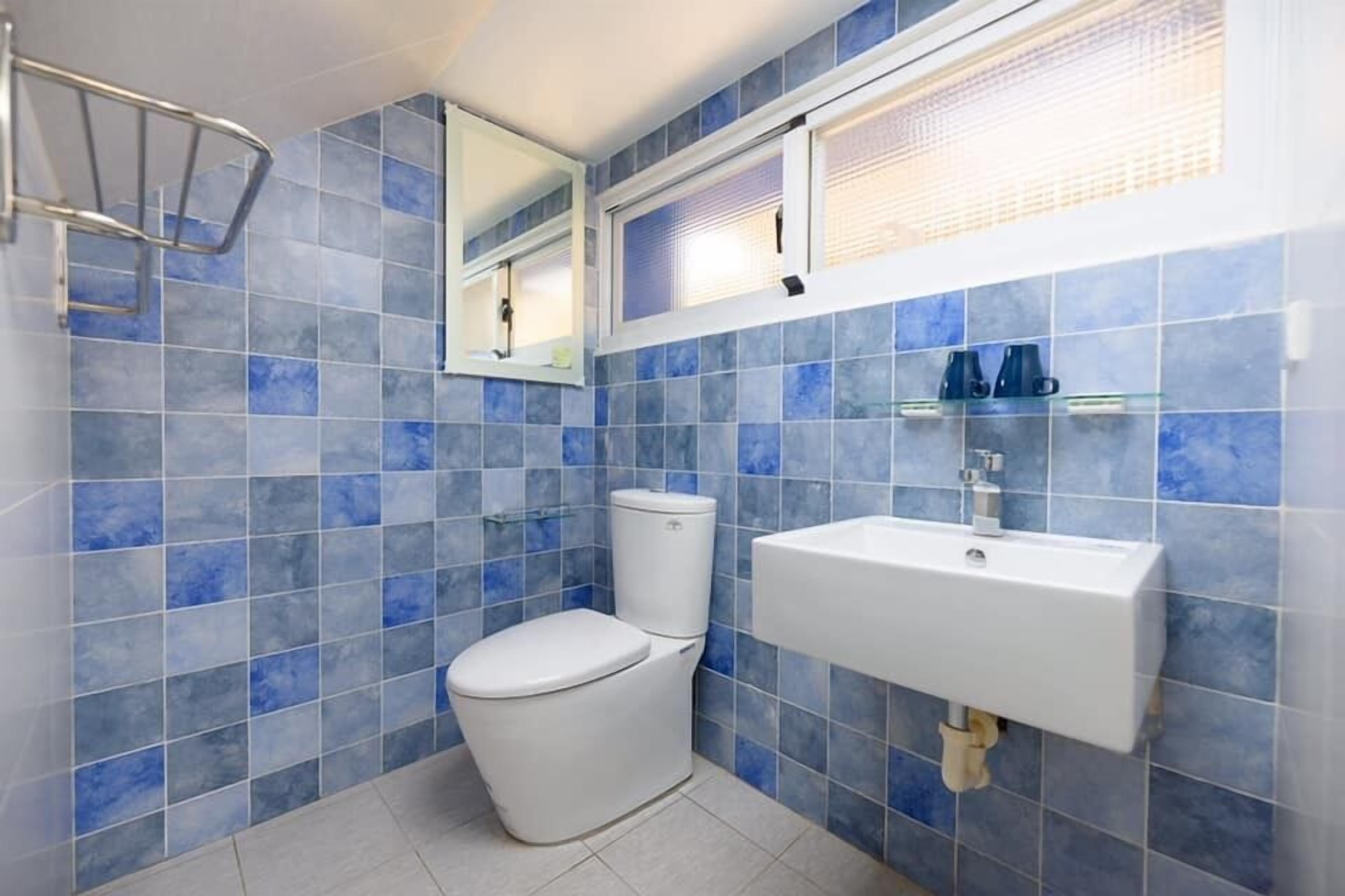 A bathroom with blue tiles, a white toilet, a sink, and a mirror.