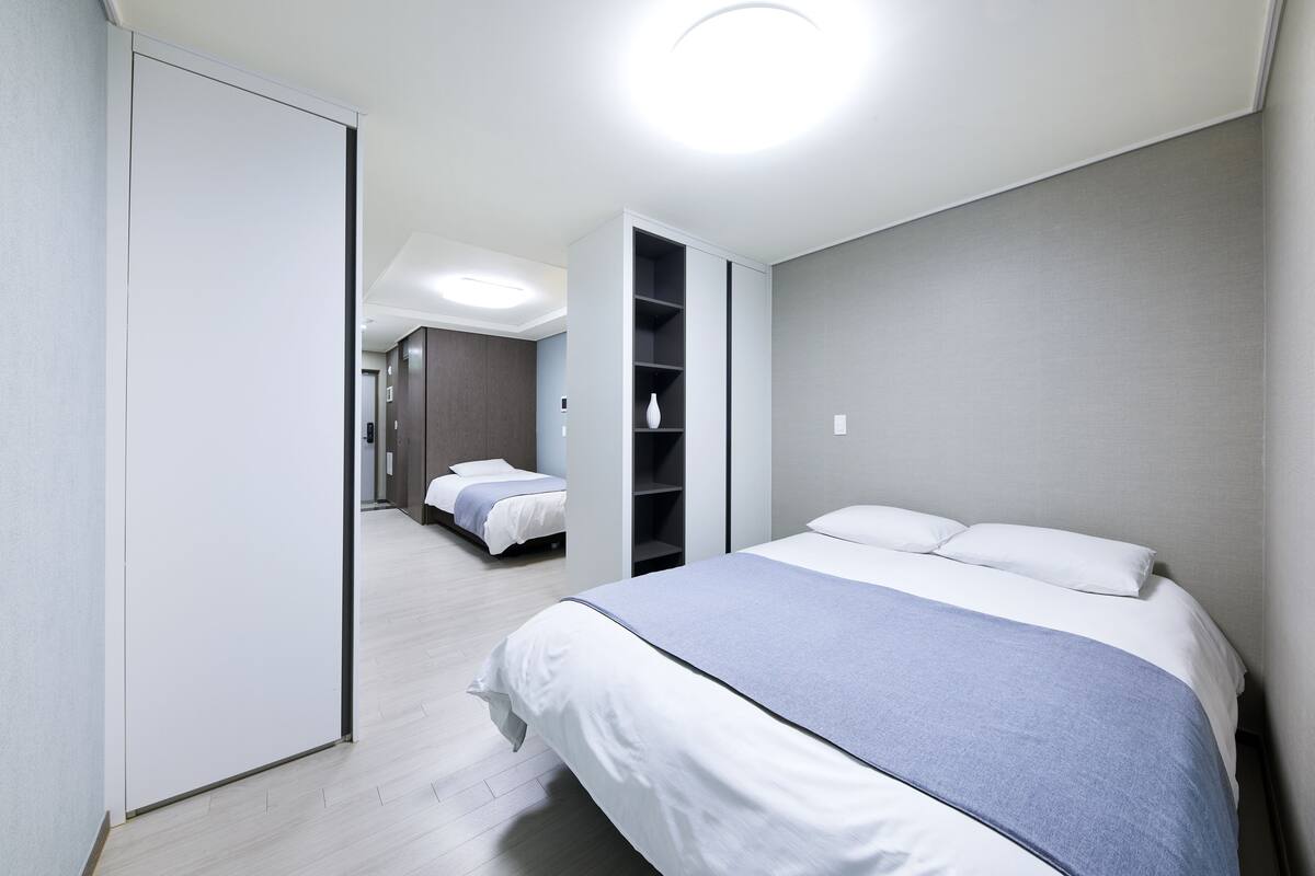 Desk, laptop workspace, blackout curtains, free WiFi