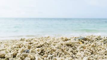 A close-up of a beach with a focus on the sand and small rocks.