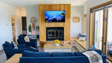 Smart TV, fireplace, books