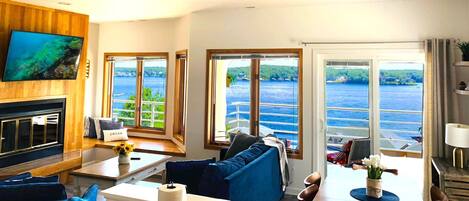 Smart TV, fireplace, books