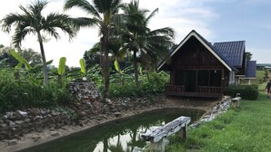 A rustic wooden building with a sloped roof, a small pond, and lush greenery including palm trees.