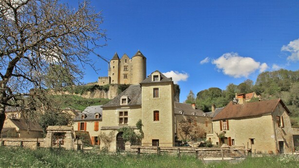 A historic stone building with a tower, surrounded by smaller houses and lush greenery. - Small stone house in the heart of Périgord Noir (Salignac-Eyvigues)