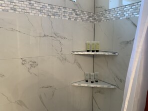 Combined shower/bathtub, hair dryer, towels, soap