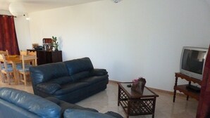 Una sala de estar con un sofá azul oscuro, una mesa de centro de madera y un televisor.