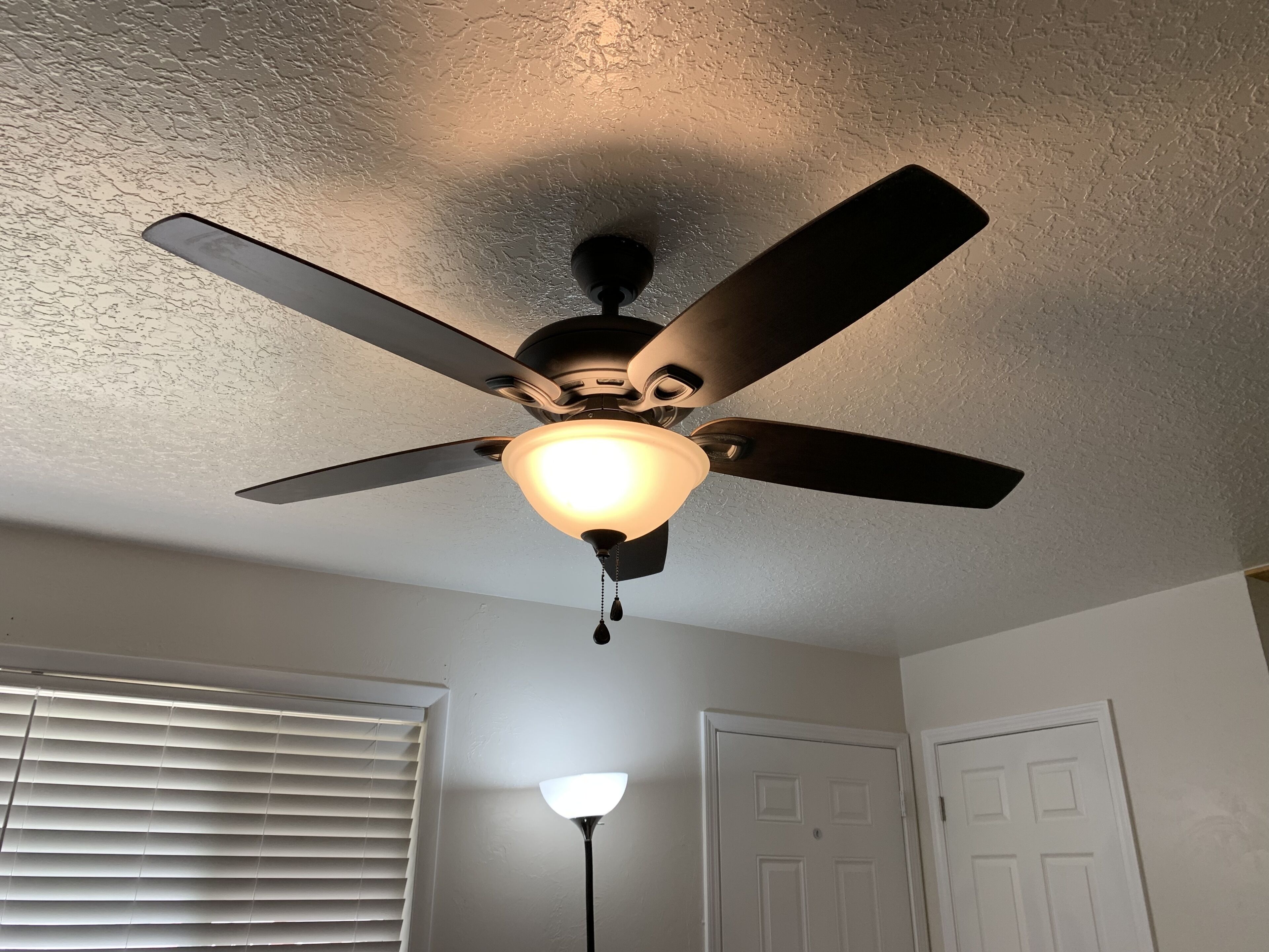 Un ventilateur de plafond avec un luminaire, dans une pièce aux murs blancs et dotée d’une porte.