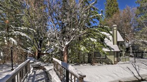 A snow-covered pathway leading to a building with a green roof and a chimney. - Snow Summit Chalet by Destination Big Bear : Next Door to Snow Summit for Easy Access to Skiing, Snowboarding and Tubing! (Big Bear Lake)