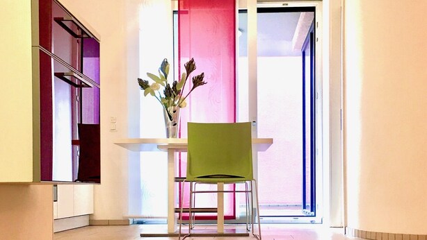 A modern kitchen with a dining area, a green chair, and a vase with flowers. - Rhine Romantic riverview (Konstanz)