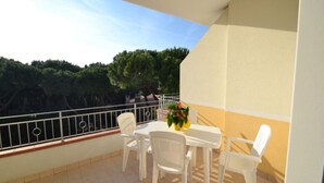 A balcony with a table and chairs, a potted plant, and a railing.