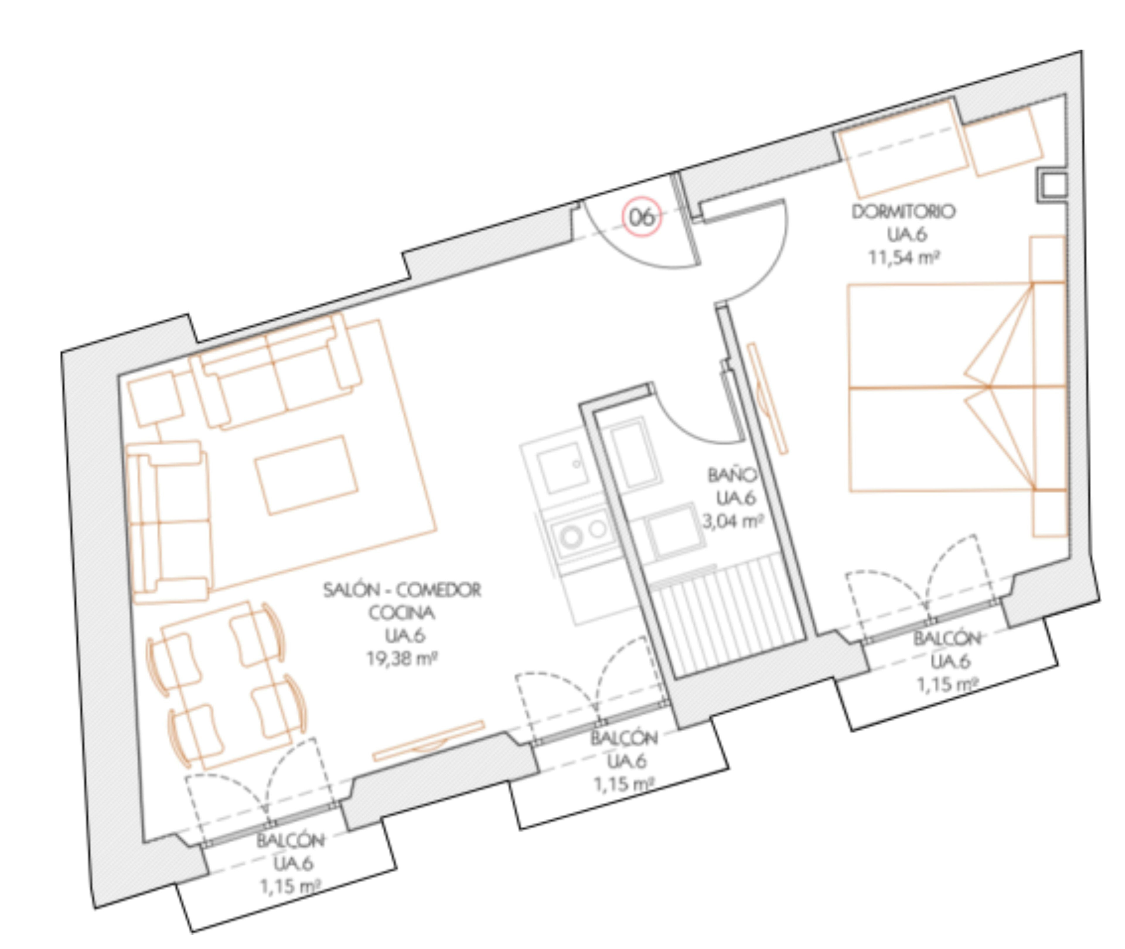 A floor plan with a living area, kitchen, dining room, and two balconies.