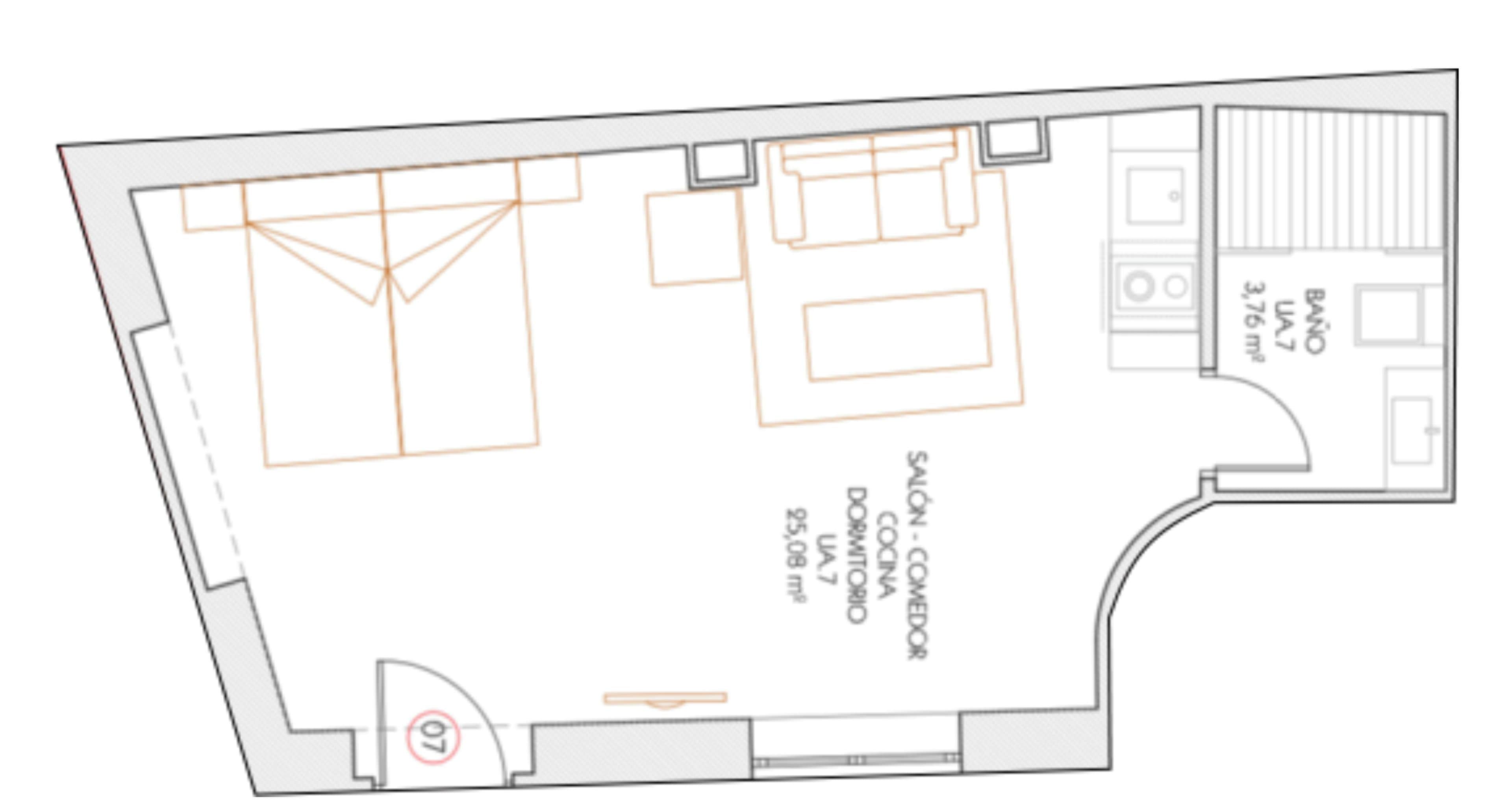 A floor plan with a living area, a dining area, a kitchen, and a bathroom.