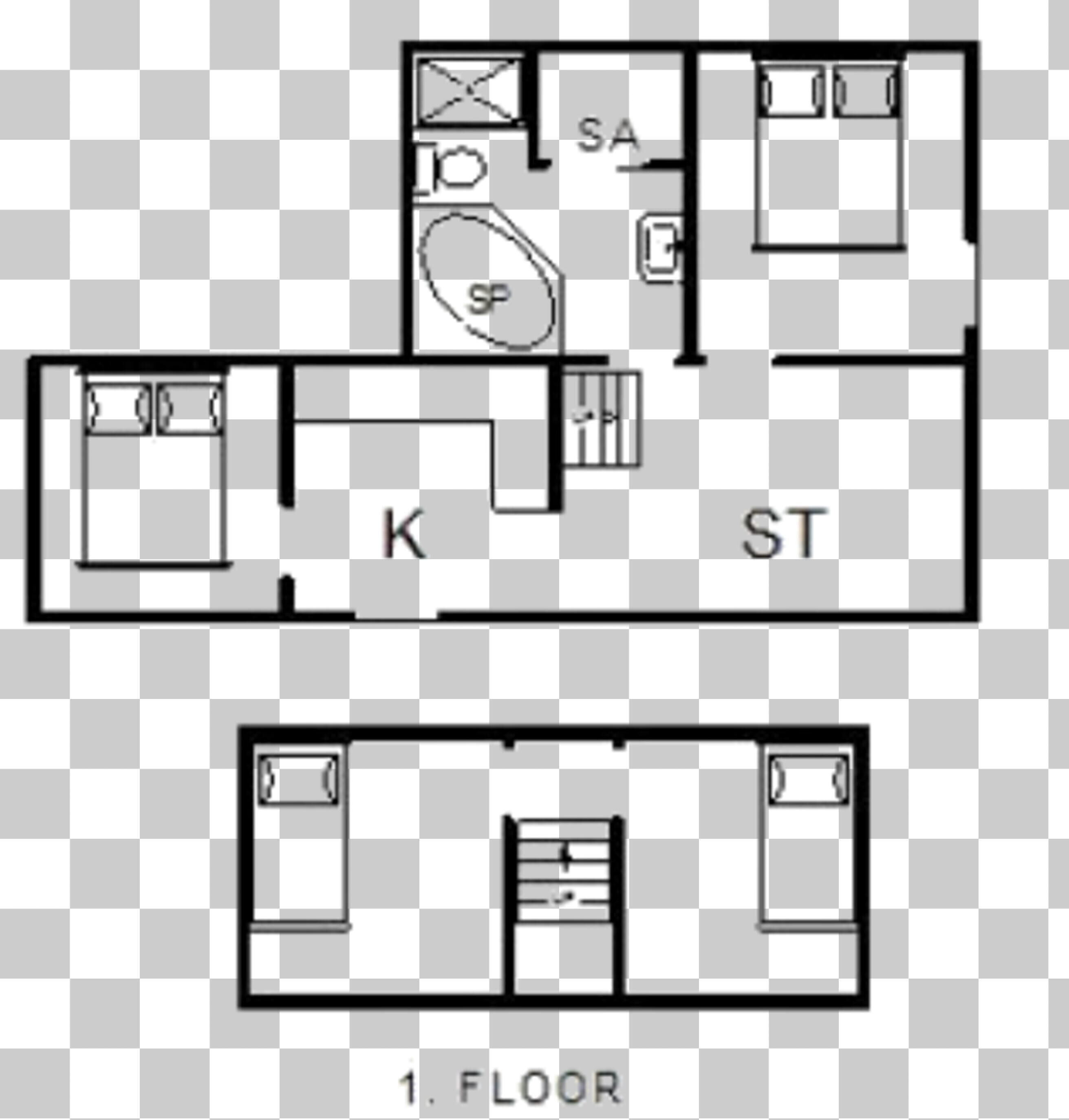 A 1-floor layout with a kitchen, two bedrooms, a bathroom, and a living area.
